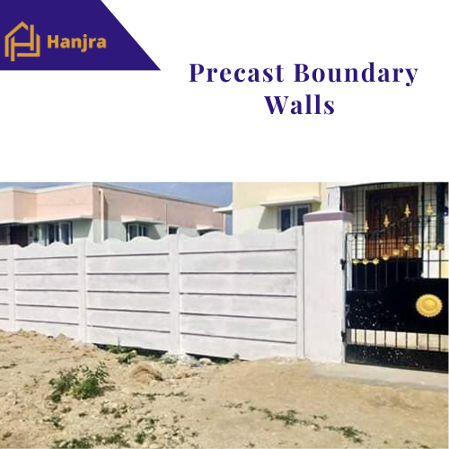 "Precast concrete products such as boundary walls and steel roofs being transported for assembly at a construction site."

